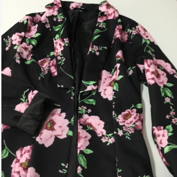 BLACK FLORAL PRINT SHAWL COLLAR BLAZER JACKET - Picture 5 of 13